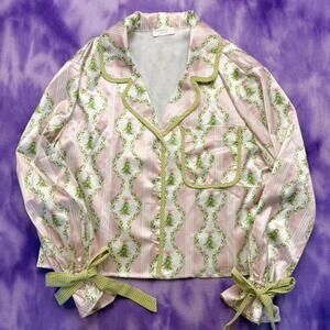 Altar’d state intimates pink silky pj top with gingham trim and bows